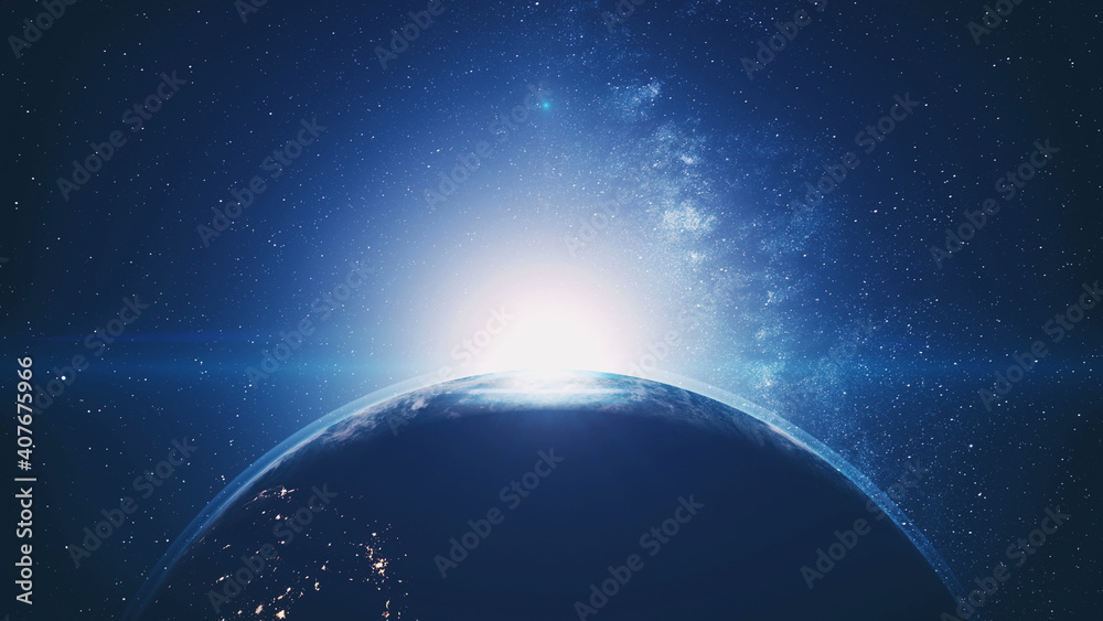 Sunset of Earth planet silhouette rotating with blue halo orbit. Bright sun hiding with flare in dark outer space with stars. Solar system 3d animation with astronomy concept Stock Illustration | Adobe Sunset of Earth planet silhouette rotating with blue halo orbit. Bright sun hiding with flare in dark outer space with stars. Solar system 3d animation with astronomy concept Stock Illustration | Adobe