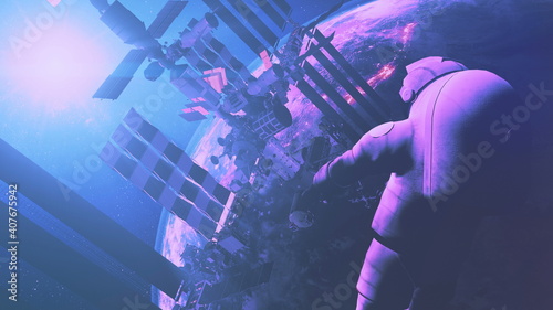 Closeup spaceman of international space station and planet Earth of solar system. Equipped NASA cosmonaut in spacesuit. Outer cosmos spacecraft. 3d animation in soft sun light with purple, pink toning