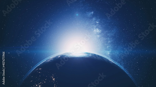 Sunset of Earth planet silhouette rotating with blue halo orbit. Bright sun hiding with flare in dark outer space with stars. Solar system 3d animation with astronomy concept