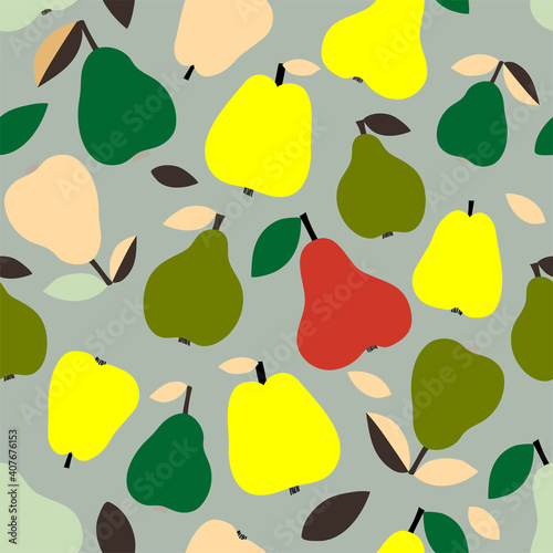 Bright fruit seamless pattern with pears on the grey background. Fruit repeated background. Vector bright print for fabric or wallpaper.