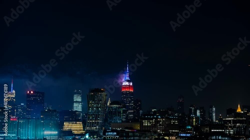 New York, NY, USA - July 4, 2020 : Time lapse of 4th of July Fireworks near the Empire State Building in New York City