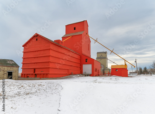 Abandoned grain elevators at Mossleigh, Alberta, Canada
