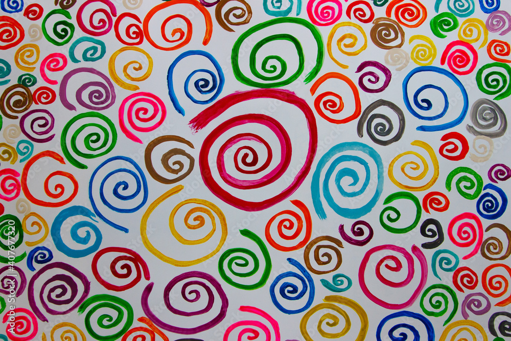 Pattern of colored painted spirals from watercolor paints and gouache