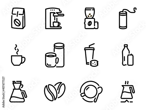 Set of black vector icons, isolated against white background. Flat illustration on a theme Preparing aromatic coffee