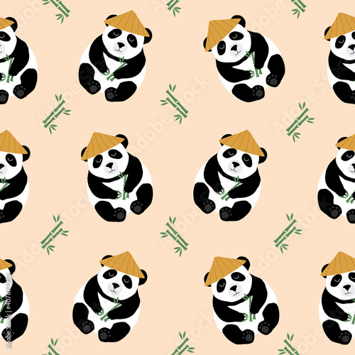 Cute chinese panda and bamboo. Panda cartoon in chinese hat. Panda seamless pattern.