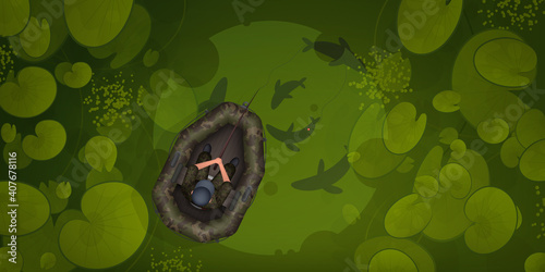 A fisherman in a rubber boat is fishing. Betting with fish top view. Swamp or lake with water lilies. Vector
