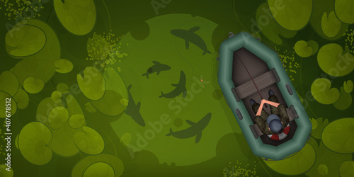 A fisherman in a rubber boat is fishing. Betting with fish top view. Swamp or lake with water lilies. Vector illustration.