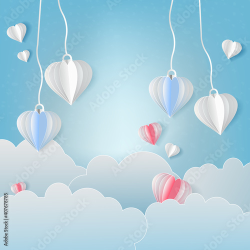 valentine's day festival Paper cut, blue background, the center to write a message. Vector illustration.