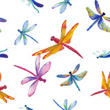 Watercolor hand drawn different color dragonflies in seamless pattern on white background. Design for textile, wallpaper, backgrounds and packaging. Raster multicolor illustration.