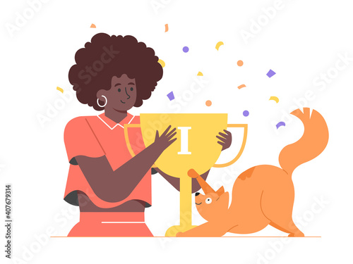 Prize, award, woman owner and pet celebrating success. Ginger cat winning first prize, gold cup. Pet show, competition, contest. Vector flat illustration.