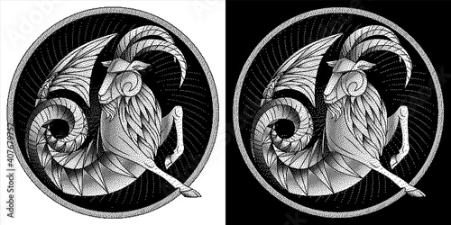 Capricorn zodiac sign, monochrome horoscope, vector. Black white illustration astrological symbol. Pixel style icon. Stylized graphic fantastic animal, deity. Sea goat, fish tail, beard and big horns.