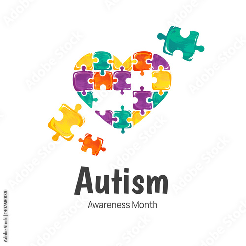 Banner for Autism Awareness Month. Illustration with heart isolated on white background. Puzzle composition.