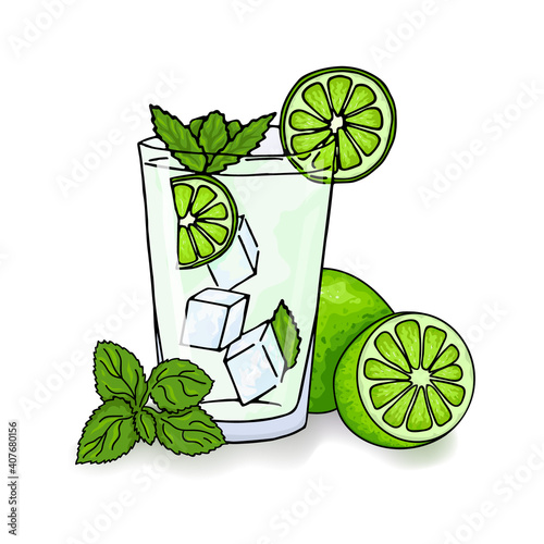 Glass of mojito, ice cubes, mint leaves, lime slice and whole lime. Hand drawing alcohol cocktail. cartoon style. Summer green drink.