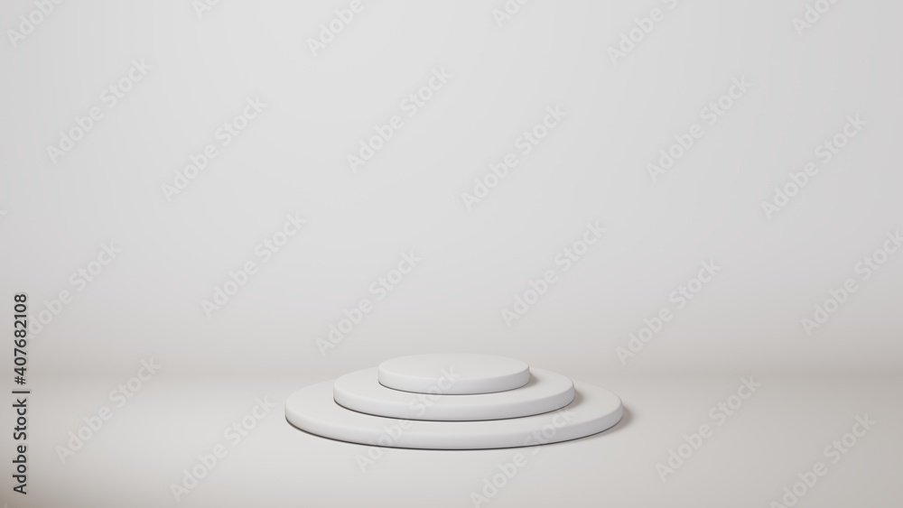 Obraz premium White podium cylinder template on white background. 3d base stand empty stage or studio pedestal round platform showroom. Can paste coffee package, milk bottle, box or any object.