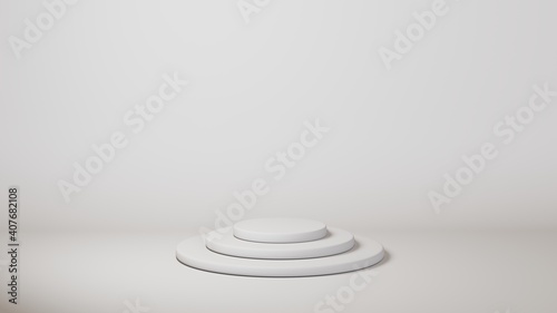 White podium cylinder template on white background. 3d base stand empty stage or studio pedestal round platform showroom. Can paste coffee package, milk bottle, box or any object.