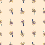 Minimalistic seamless pattern with simple hand drawn palm tree beach ornament. Pastel pink background.