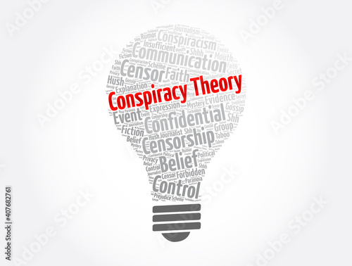 Conspiracy Theory light bulb word cloud collage, concept background