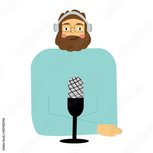 Man with glasses and beard isolated on white background. Podcast recording, radio broadcasting, announcer. Vector flat character.