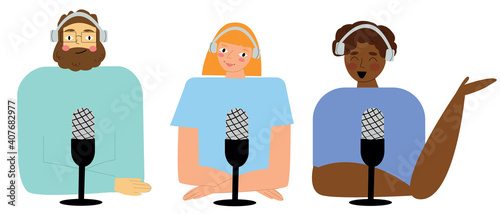 Three podcasters: a man with a beard, a red-haired girl with a short hair,African-American man. Radio broadcast.Podcast recording concept.People speakers isolated on white background.