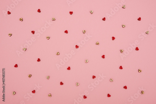 Valentines day background with red wooden love hearts