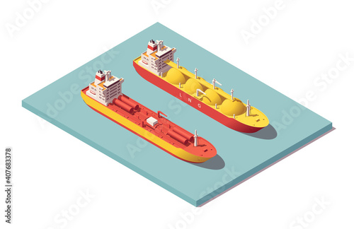 Isometric low poly tankers set. Chemical tanker & lng tanker. Vector illustrator. Collection