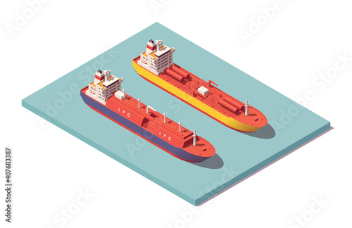 Isometric low poly tankers set. Chemical tanker & lpg tanker. Vector illustrator. Collection