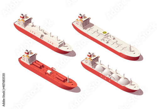 Isometric low poly tankers set. Lng tanker, lpg tanker, oil crude tanker, chemical tanker. Vector illustrator. Collection photo