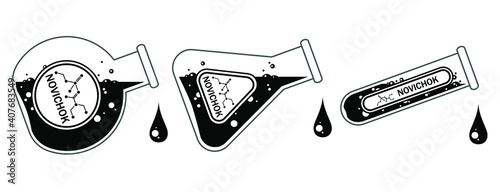 Chemical glass flasks of different forms pouring dangerous poison liquid drops. Label with novichok indicated. Chemical weapon, acid or poison. Black and white line art illustration.