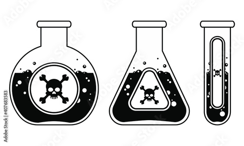 Chemical glass flasks of different forms with dangerous poison liquids. Label with skull and crossbones. Chemical weapon, acid or poison. Black and white line art illustration.
