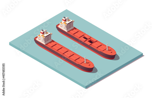 Isometric low poly bulk carriers vessels set. Kamsarmax bulkers ships. Vector illustrator. Collection