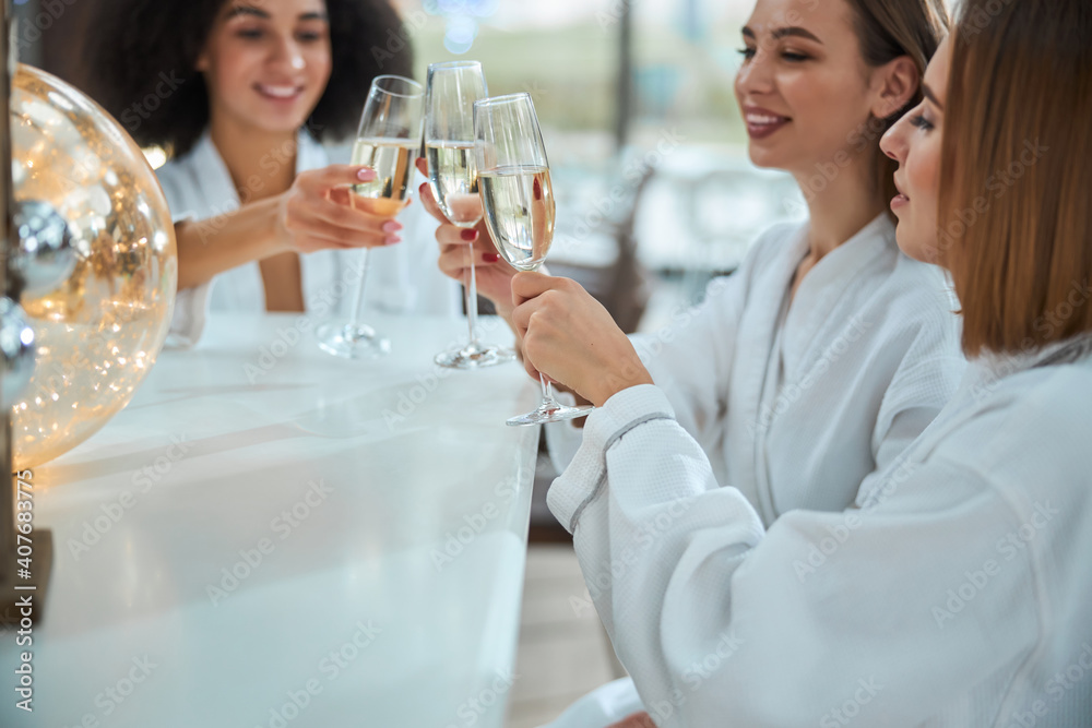 Attractive young women clinking champagne glasses at the bar counter Attractive young women clinking champagne glasses at the bar counter