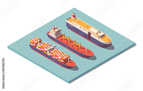 Isometric low poly vessels set. Bulker & containership & ro-ro. Vector illustrator. Collection