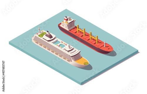 Isometric low poly vessels set. Cruise liner & bulker. Vector illustrator. Collection