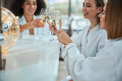 Attractive young women clinking champagne glasses at the bar counter