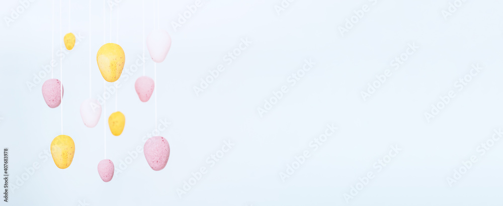 Amazing Easter festive banner with eggs. Selective focus. Easter eggs hunt invitation. Soft toning, Copy space.