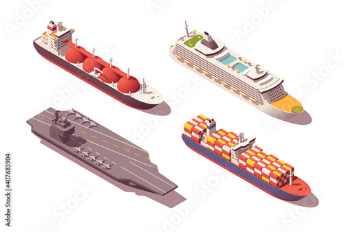 Isometric low poly vessels set. Aircraft carrier, lng tanker, cruise liner, containership. Vector illustrator. Collection