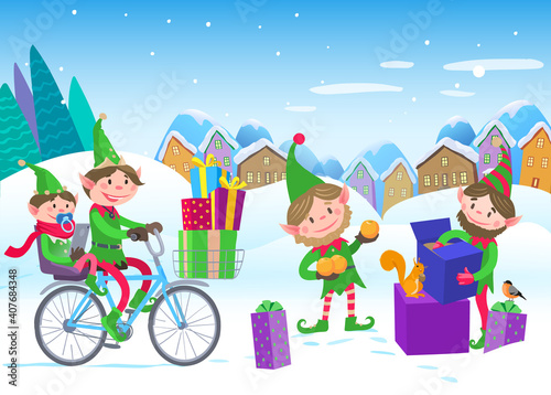 The Merry Elves are carrying gifts for Santa. Beautiful snowy landscape and town.