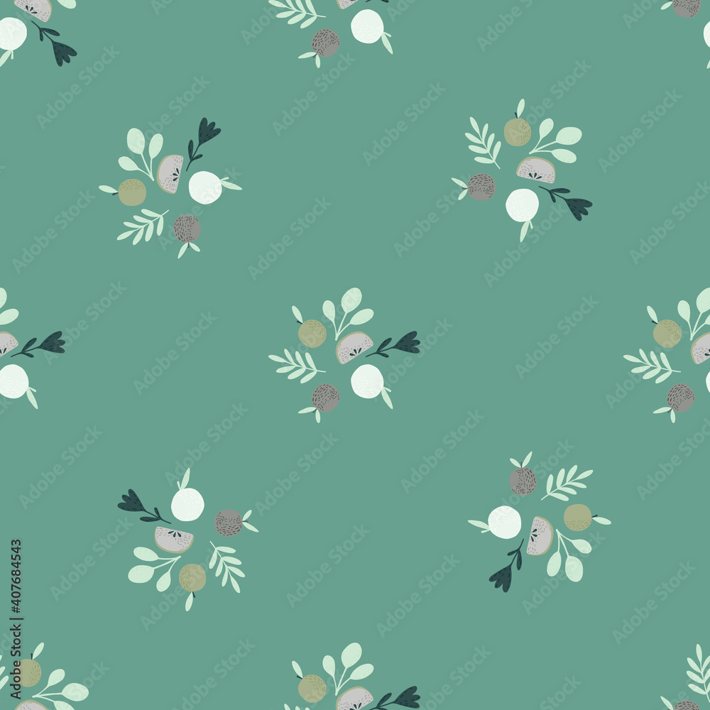 Organic seamless pattern with simple doodle apples and leaves elements. Blue background. Nature backdrop. Organic seamless pattern with simple doodle apples and leaves elements. Blue background. Nature backdrop.