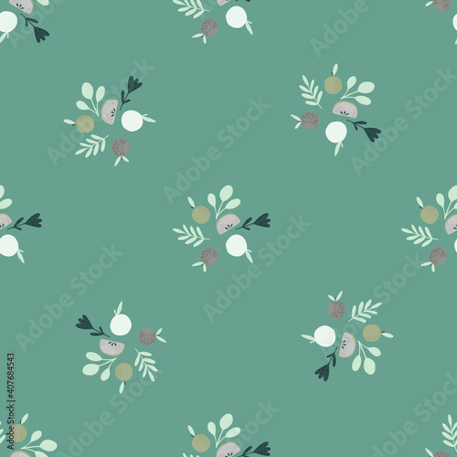 Organic seamless pattern with simple doodle apples and leaves elements. Blue background. Nature backdrop.
