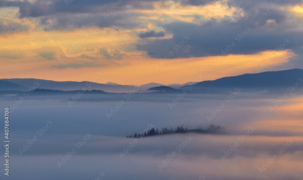 Morning mountains in the fog. Transcarpathia. Ukraine