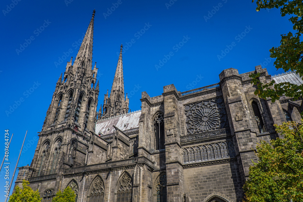 View on the gothic cathedral from the Victory square in Clermont Ferrand, Auvergne (France)