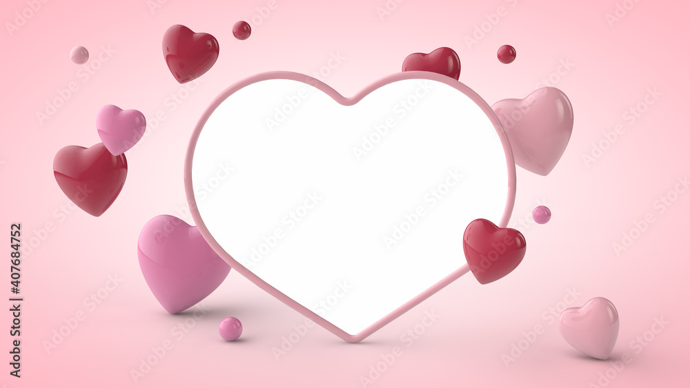 Heart shaped frame with pink and red hearts on a pink background. Valentine's Day , International Women's Day and wedding invitation template . 3d illustration