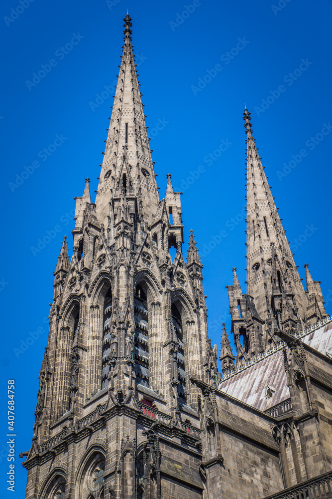 the towers of the gothic cathedral in Clermont Ferrand, Auvergne (France)