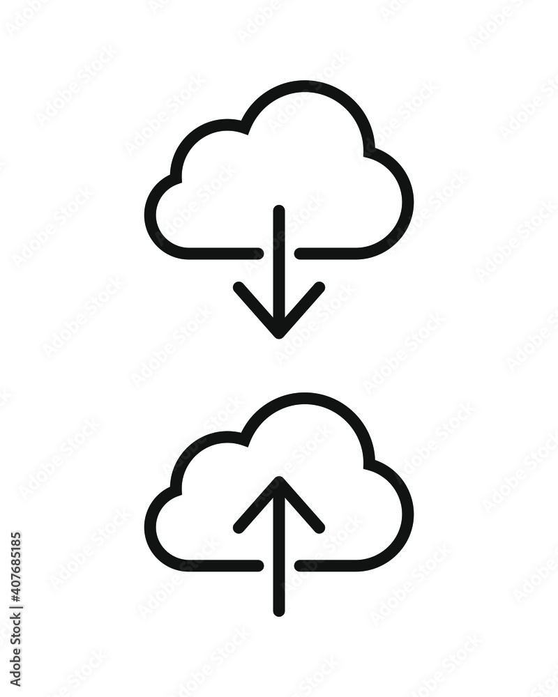 Upload to and download from cloud vector icon set. Server storage symbol. Data service logo sign. Application and web interface image. Upload to and download from cloud vector icon set. Server storage symbol. Data service logo sign. Application and web interface image.
