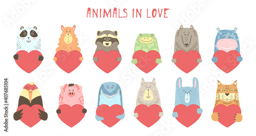 Cute cartoon animal holds a heart sign with copy space. set valentine's day greeting card banner invitation flyer brochure. cartoon hand drawn style. Little animals pets in love, declaration of love