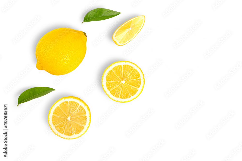 Top view ( flat lay)Fresh lemon fruit with half  and leaves on white background.
