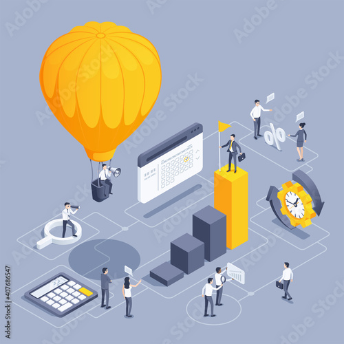 isometric vector illustration on gray background, achievement of success, women and men in business clothes near the big chart on which a man with a flag stands, a balloon with a loudspeaker