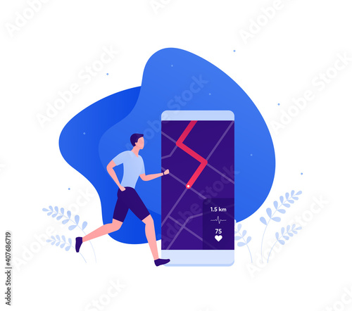 Run fitness app tracker concept. Vector flat illustration. Male runner with smartphone. Navigation map with route on smart phone screen. Heartbeat and heart pulse symbol. Design element for sport.