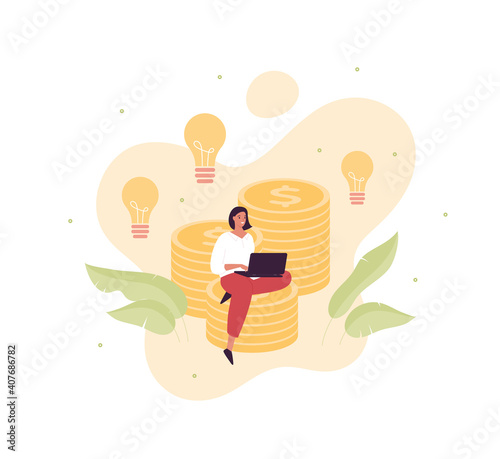 Business idea and finance success concept. Vector flat creative illustration. Female modern businesswoman sitting at stack of money with laptop. Lightbulb inspiration and leaves symbol on background.