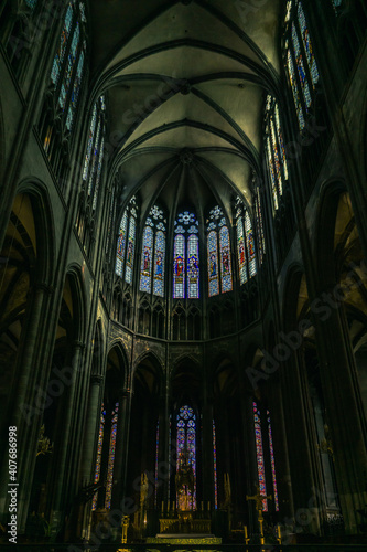 Clermont-Ferrand, France - September 17th, 2019: Inside Notre de L'Assomption Cathedral, a majectic 13th century gothic cathedral built in volcanic stone in the historic center of Clermont Ferrand.